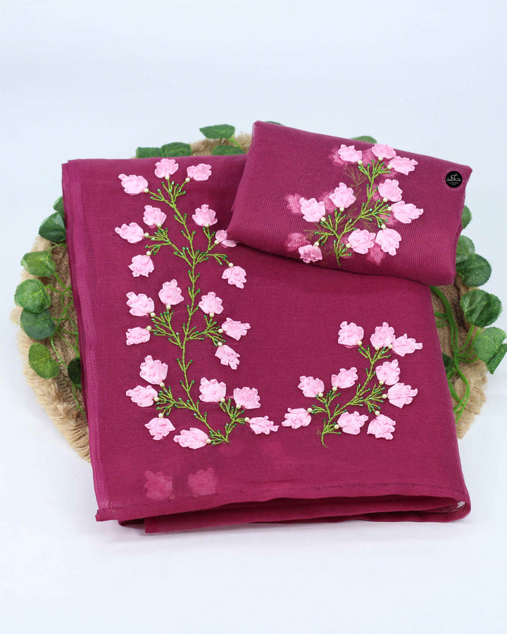 Wine Purple Kota Saree with Floral Ribbon Embroidery