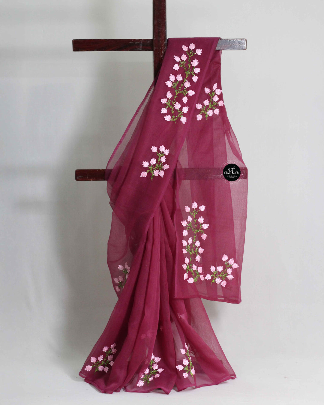 Wine Purple Kota Saree with Floral Ribbon Embroidery