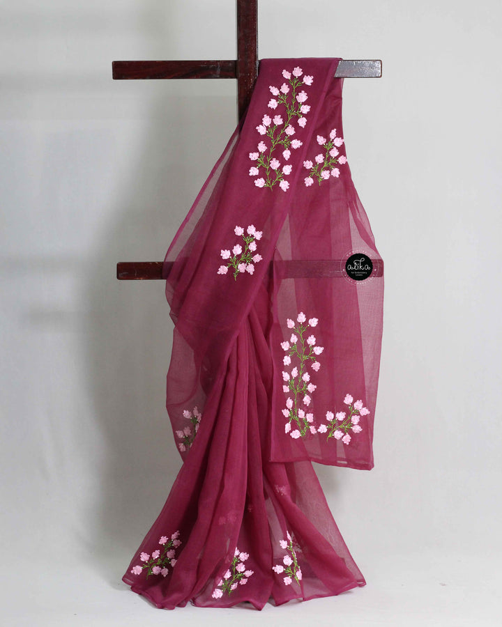 Wine Purple Kota Saree with Floral Ribbon Embroidery