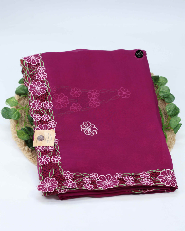 Dark Raspberry Organza Saree with Floral Cutwork
