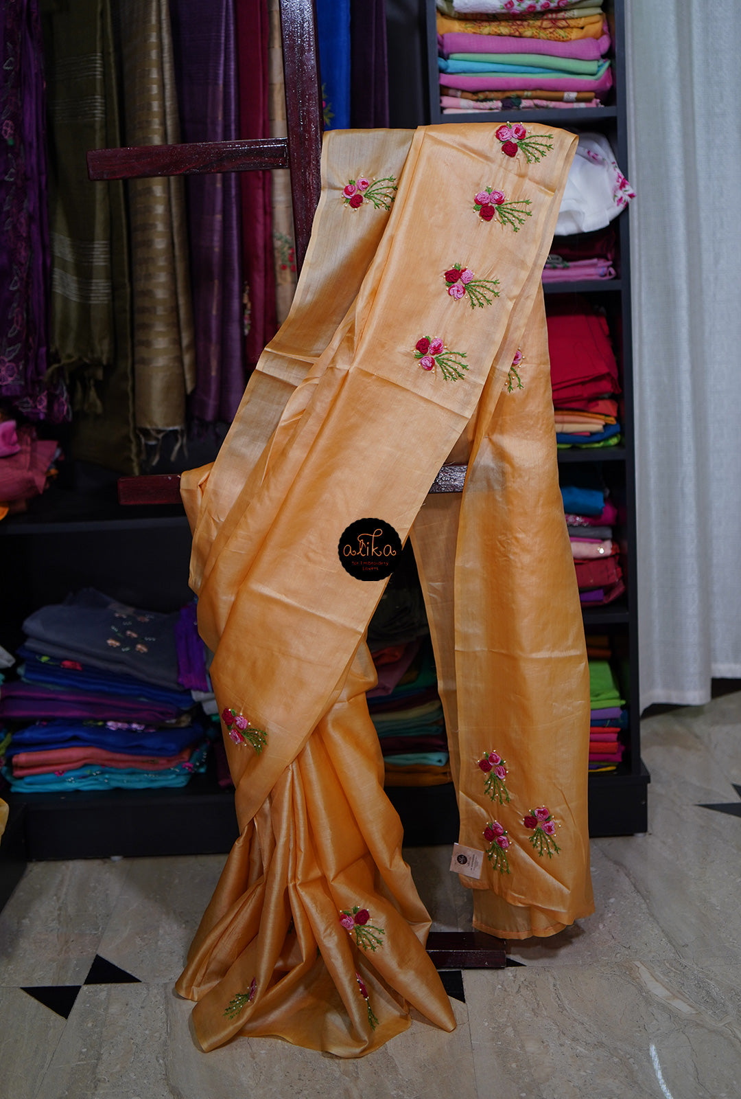 Golden yellow tussar silk saree  with caston embroidery