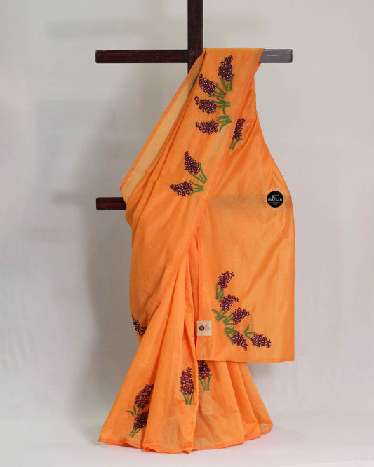 Orange Chanderi Silk Saree with Lazy Daisy Embroidery