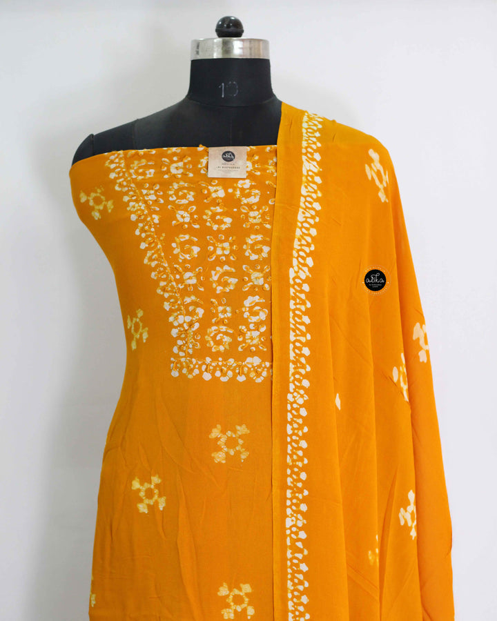 Dark Yellow Printed Georgette Unstitched Salwar Set with Hand Embroidery