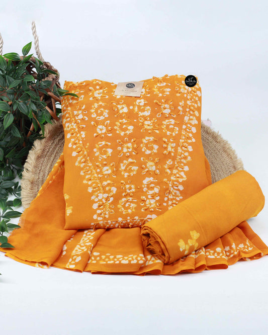 Dark Yellow Printed Georgette Unstitched Salwar Set with Hand Embroidery