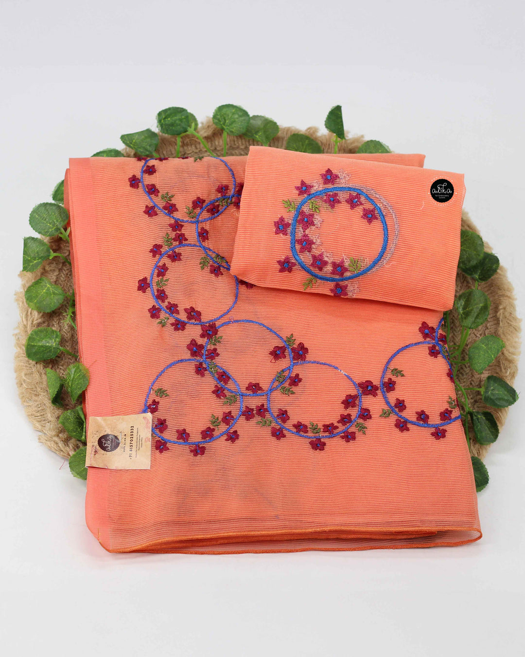 Orange Kota Saree with Floral Machine Embroidery