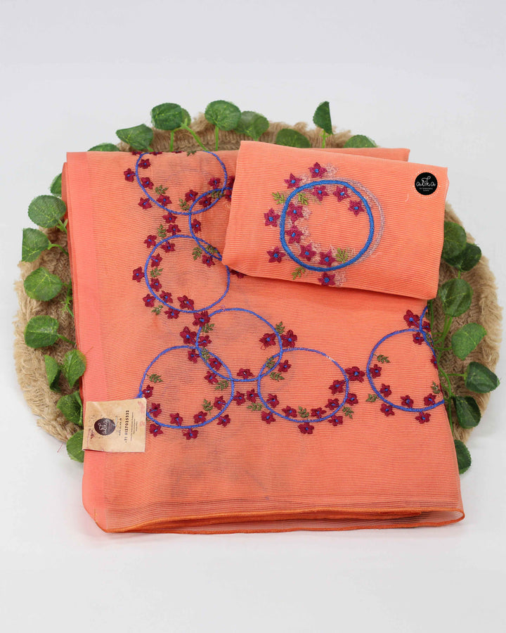 Orange Kota Saree with Floral Machine Embroidery