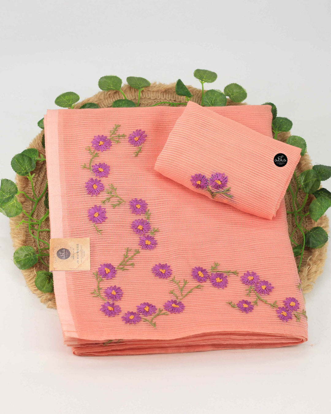 Peach Kota Saree with Floral Hand Embroidery