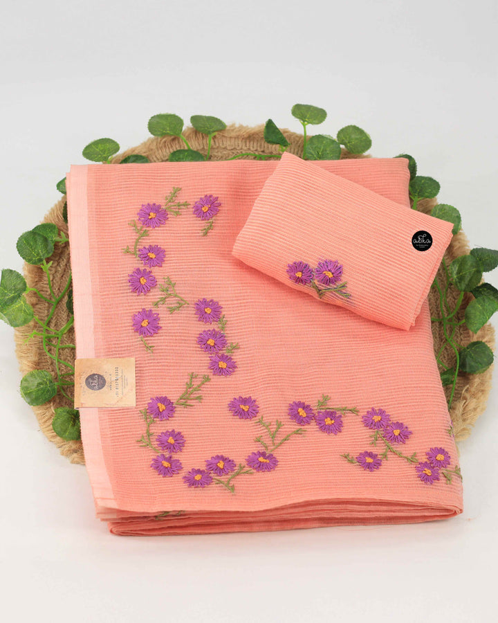 Peach Kota Saree with Floral Hand Embroidery
