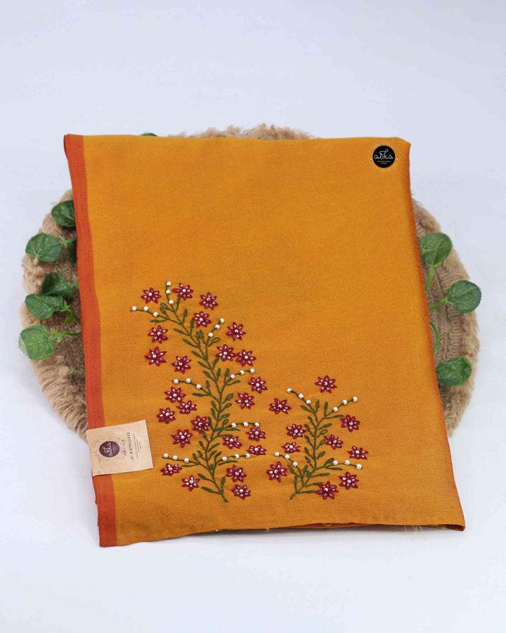 Mustard Yellow Semi Silk Saree with Floral Hand Embroidery