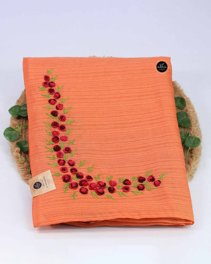 Orange Designer Silk Saree with Floral Hand Embroidery