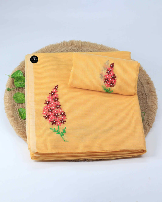 Mango Yellow Kota Saree with Floral Lazy Daisy Embroidery