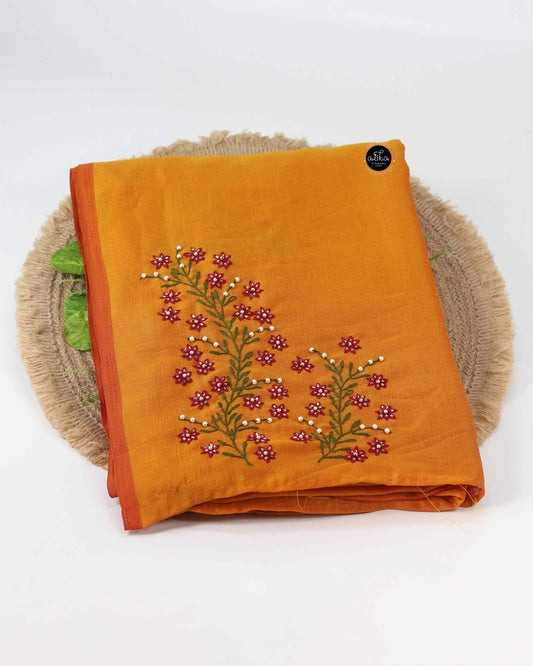 Semi Georgette Mustard Yellow Saree with Lazy Daisy Bead Work