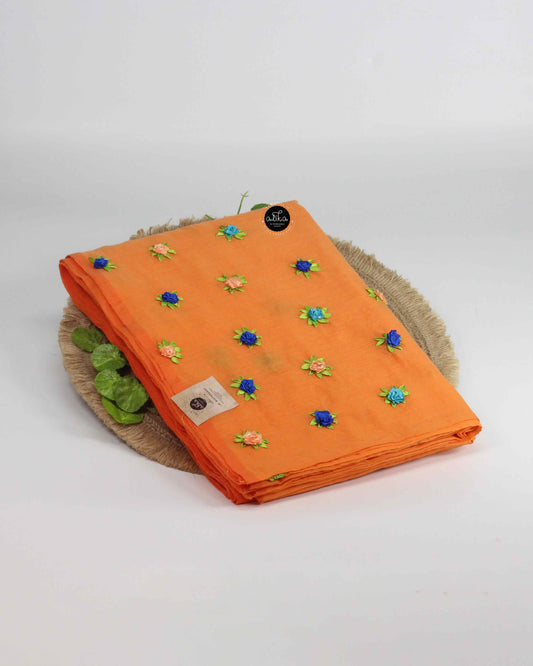 Mango Orange Chanderi Saree with Floral Ribbon Embroidery – Festive Lightweight Saree by Alika Fashion Store