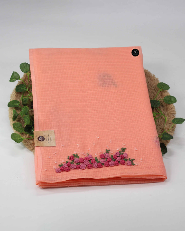 Pale Orange Cotton Kota Saree with Hand Embroidery