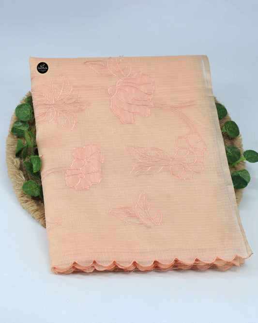 Light Orange Silky kota Saree with Floral Appliqué – Luxury Designer Wear
