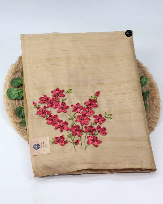Warm Beige Semi Silk Saree with Red Floral Ribbon Embroidery and Bead Work