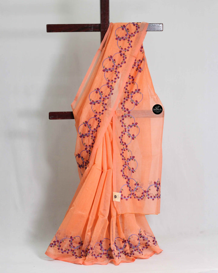 Orange Kota Saree with Floral Machine Embroidery