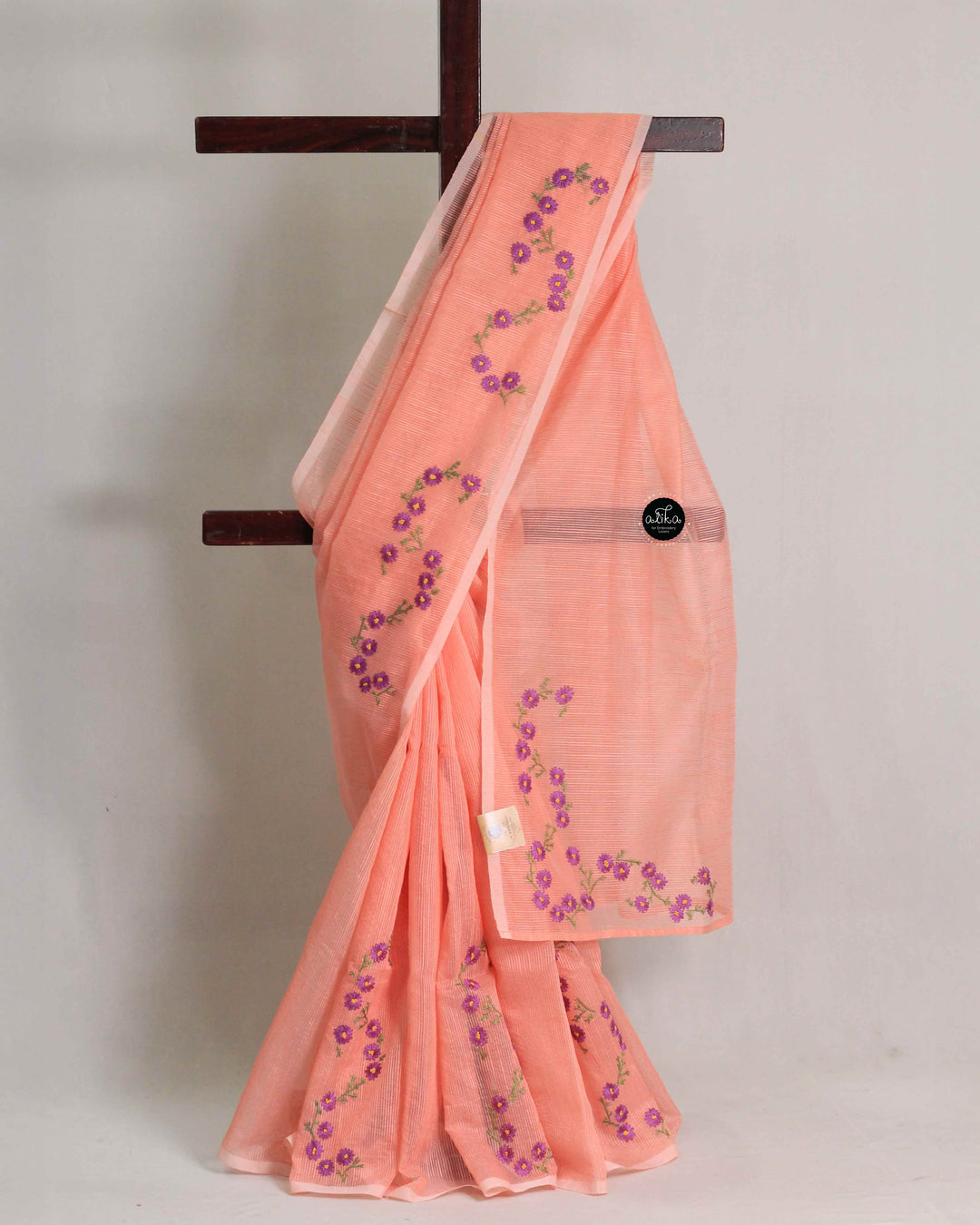 Peach Kota Saree with Floral Hand Embroidery