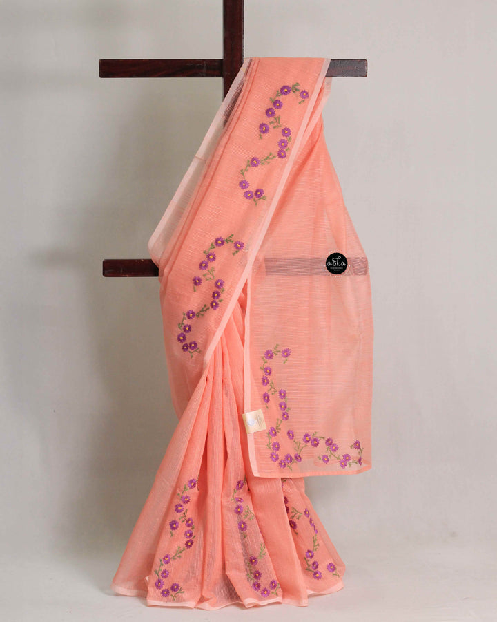 Peach Kota Saree with Floral Hand Embroidery