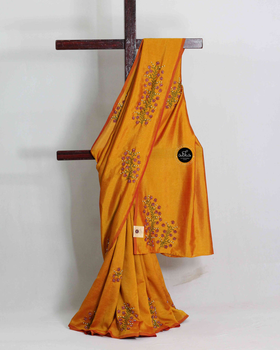 Mustard Yellow Semi Silk Saree with Floral Hand Embroidery