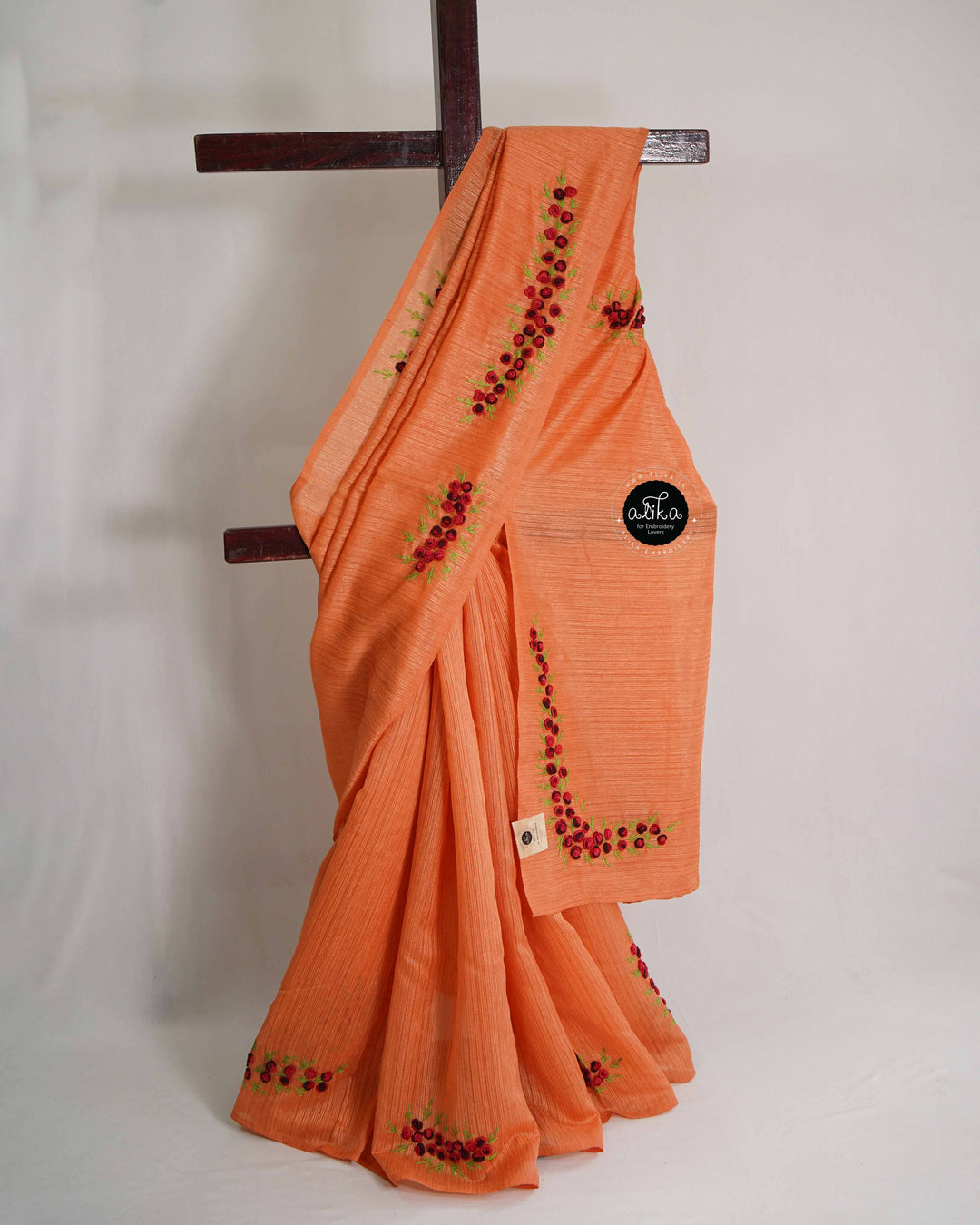 Orange Designer Silk Saree with Floral Hand Embroidery