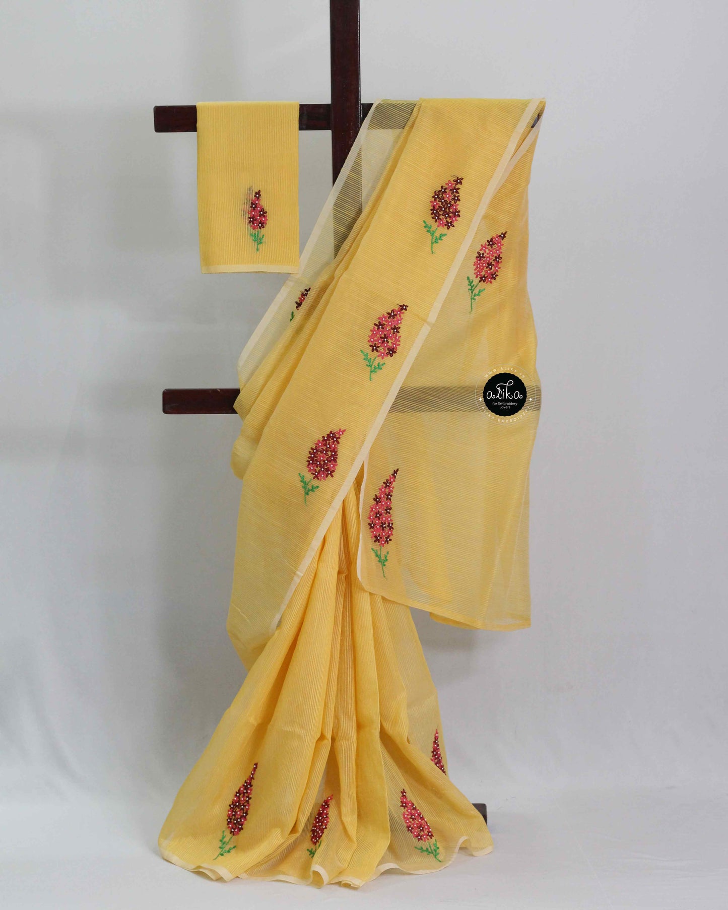 Mango Yellow Kota Saree with Floral Lazy Daisy Embroidery