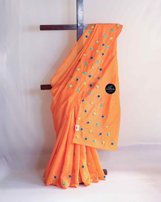 Mango Orange Chanderi Saree with Floral Ribbon Embroidery – Festive Lightweight Saree by Alika Fashion Store