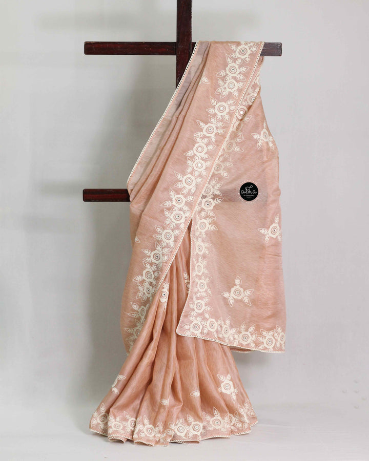 Peach soft tissue organza Saree with Floral Border Embroidery