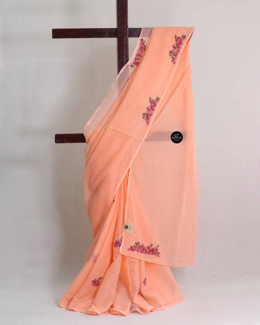 Pale Orange Cotton Kota Saree with Hand Embroidery