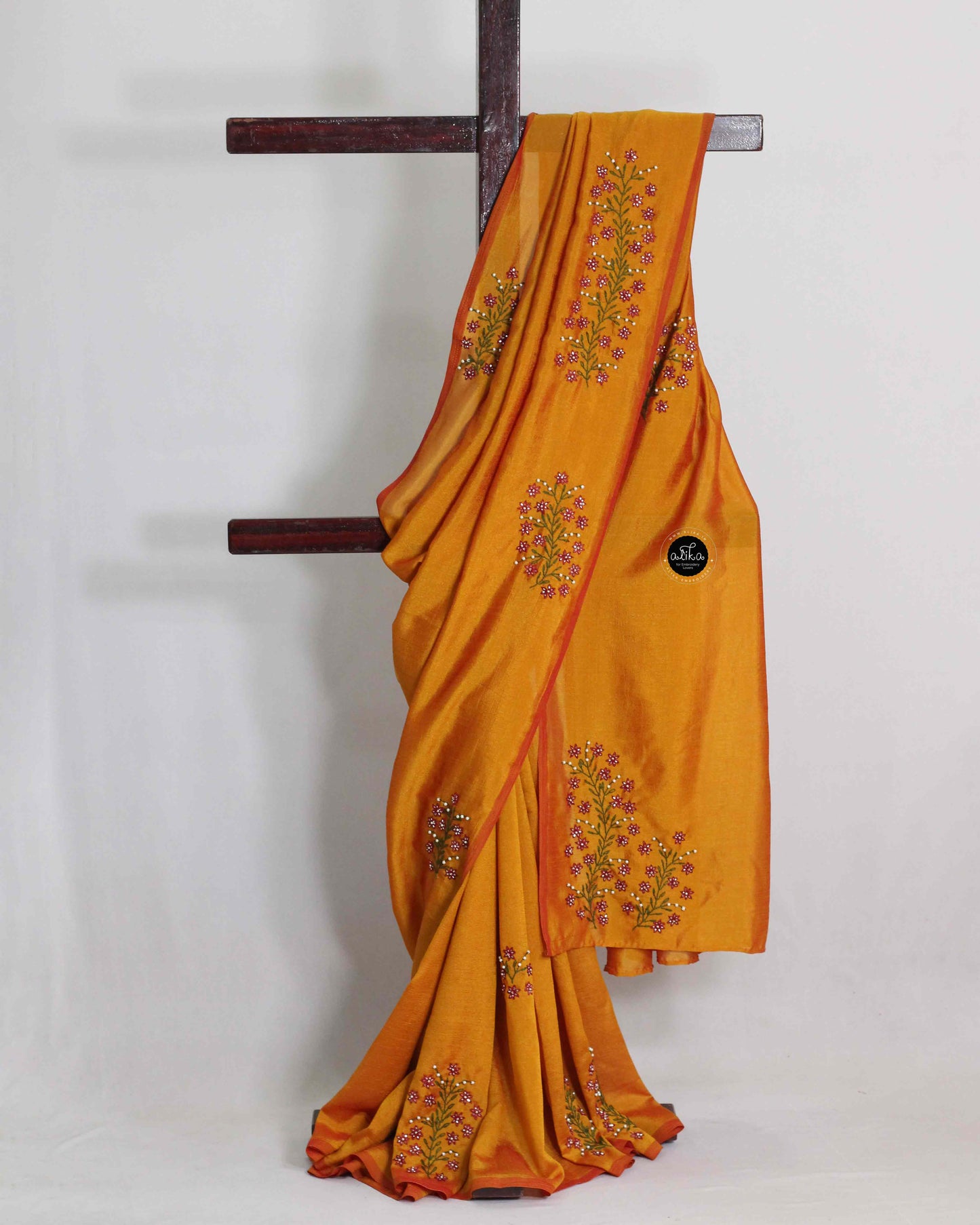 Semi Georgette Mustard Yellow Saree with Lazy Daisy Bead Work