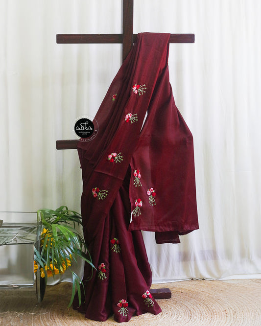 Marron Semi Silk Saree with Hand Embroidery – Elegant Traditional Design