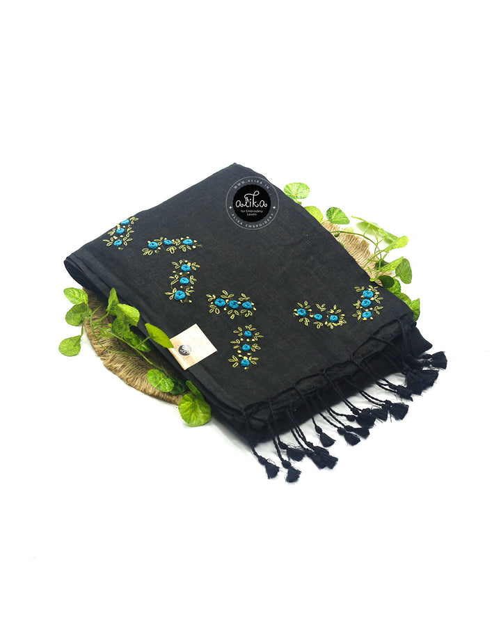 Black Linen Saree with Vibrant Blue Floral Work