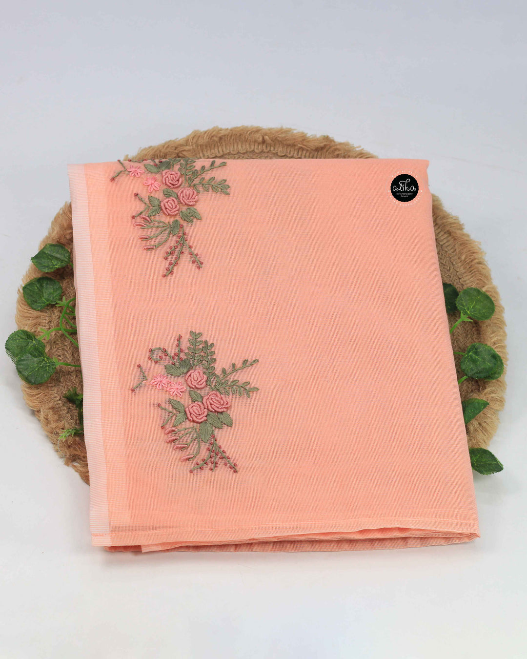 Light Peach Kota Saree with Floral Hand Embroidery