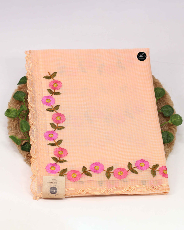 Pastel Orange Chanderi Cotton Saree with Floral Machine Embroidery