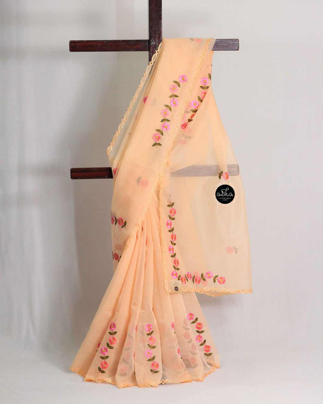 Pastel Orange Chanderi Cotton Saree with Floral Machine Embroidery