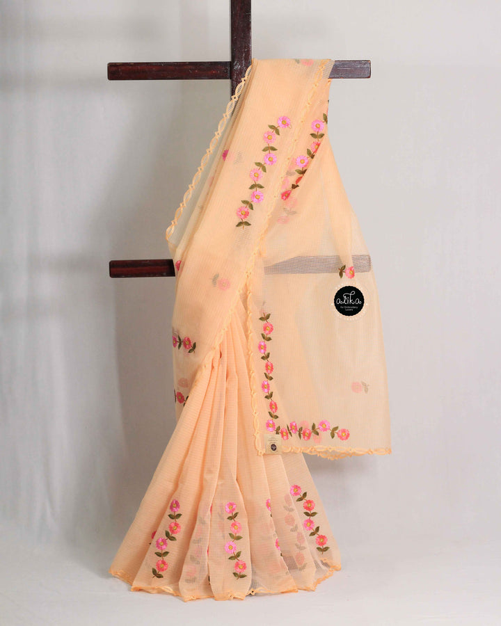 Pastel Orange Chanderi Cotton Saree with Floral Machine Embroidery