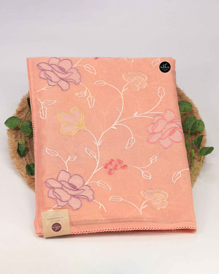 Light Peach Chanderi Saree with Floral Appliqué Work