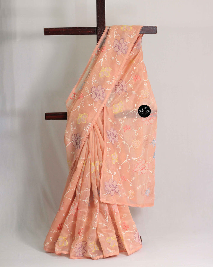 Light Peach Chanderi Saree with Floral Appliqué Work