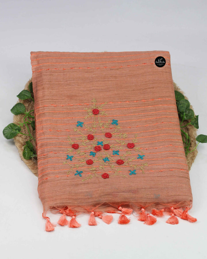 Dusty Orange Bamboo Silk Saree with Floral Hand Embroidery