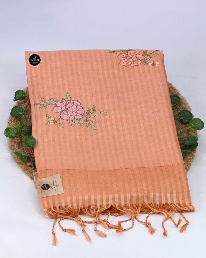 Orange Designer Silk Saree with Floral Appliqué Border &amp; Cross-Stitch Pallu