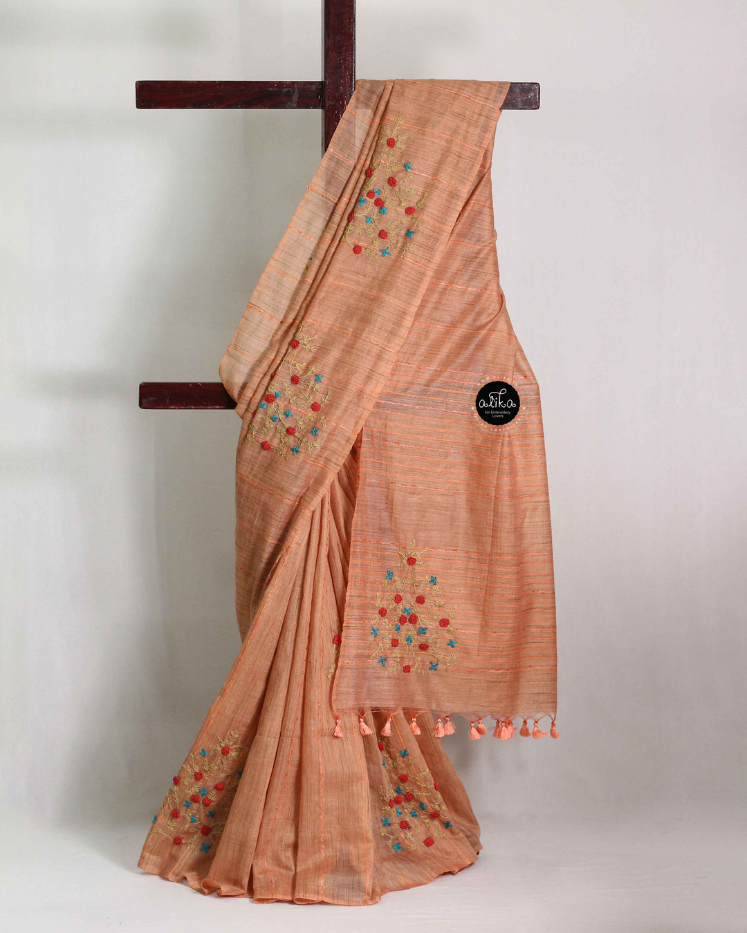 Dusty Orange Bamboo Silk Saree with Floral Hand Embroidery
