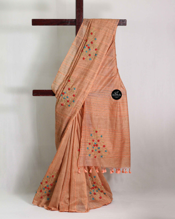 Dusty Orange Bamboo Silk Saree with Floral Hand Embroidery