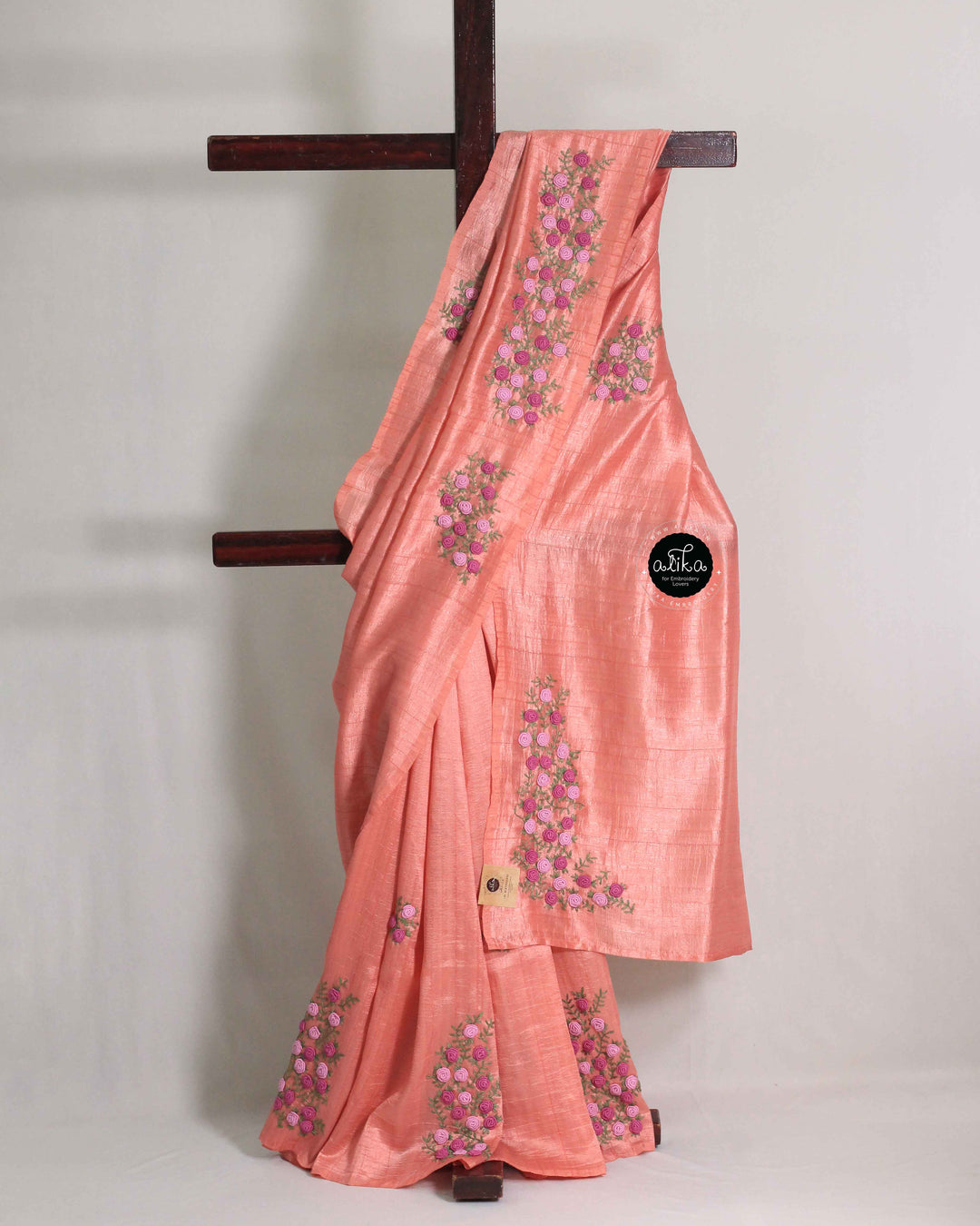Peach Designer Silk Saree with Floral Hand Embroidery