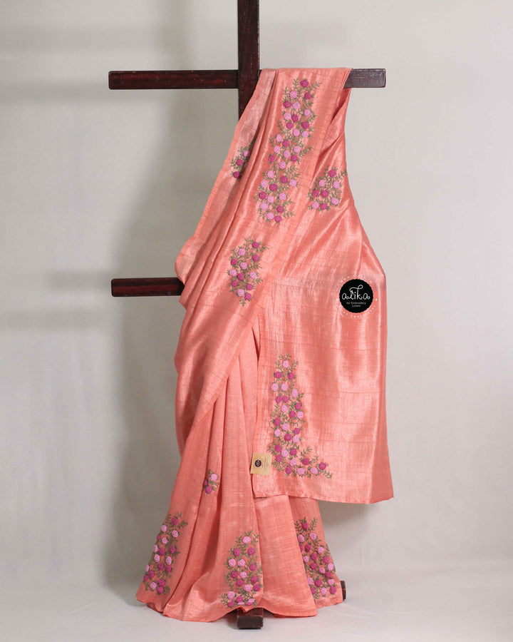 Peach Designer Silk Saree with Floral Hand Embroidery
