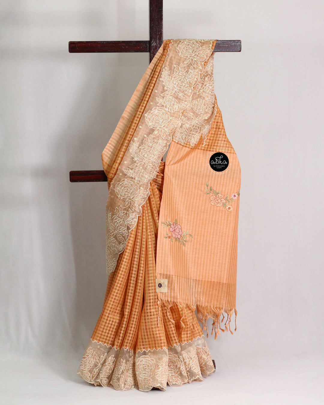 Orange Designer Silk Saree with Floral Appliqué Border &amp; Cross-Stitch Pallu