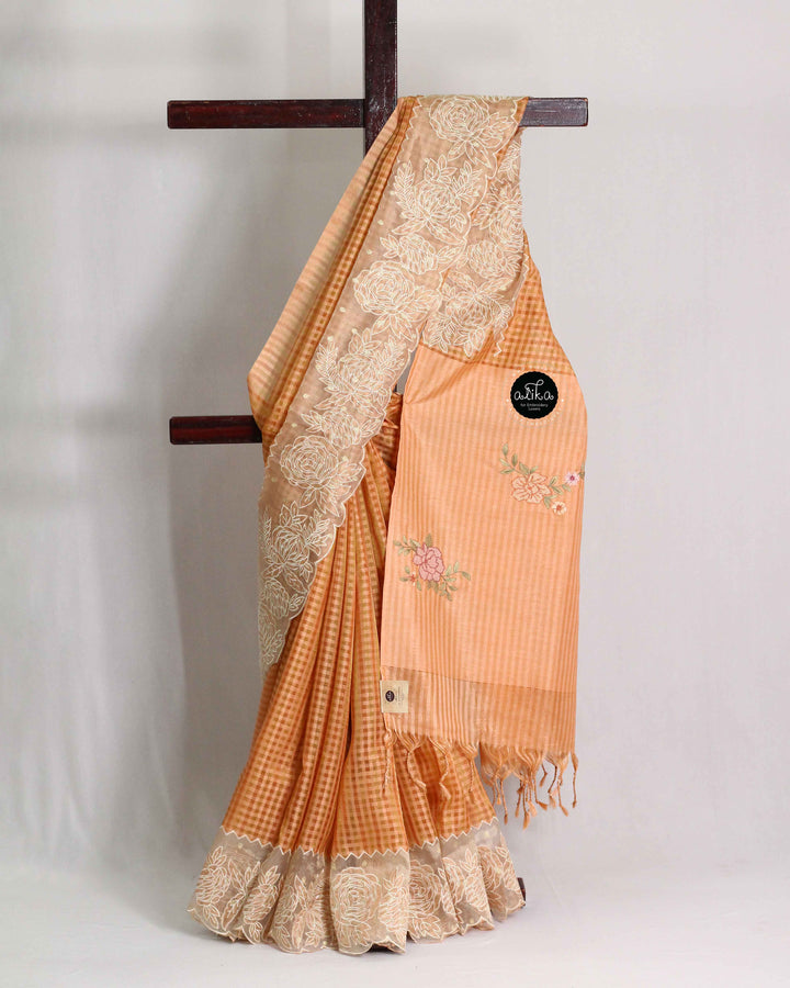 Orange Designer Silk Saree with Floral Appliqué Border &amp; Cross-Stitch Pallu