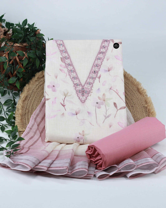 Off-White & Pink Semi-Tissue Unstitched Salwar Set with Floral Prints & Mirror Work