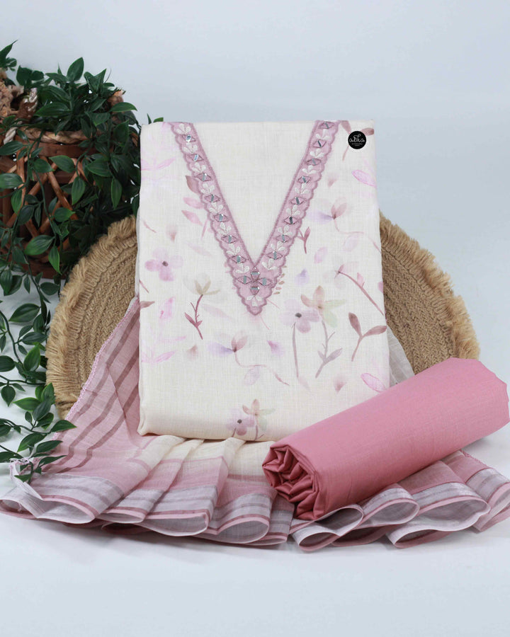 Off-White &amp; Pink linen Unstitched Salwar Set with Floral Prints &amp; Mirror