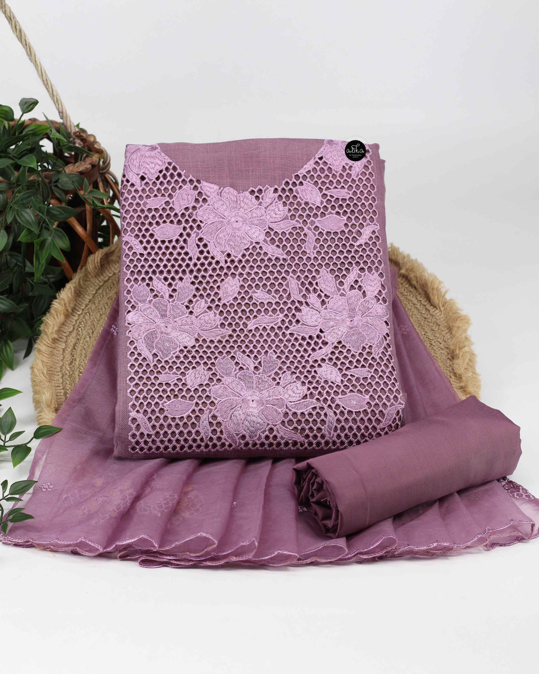 Mauve Linen Unstitched Salwar Suit with Floral Cutwork