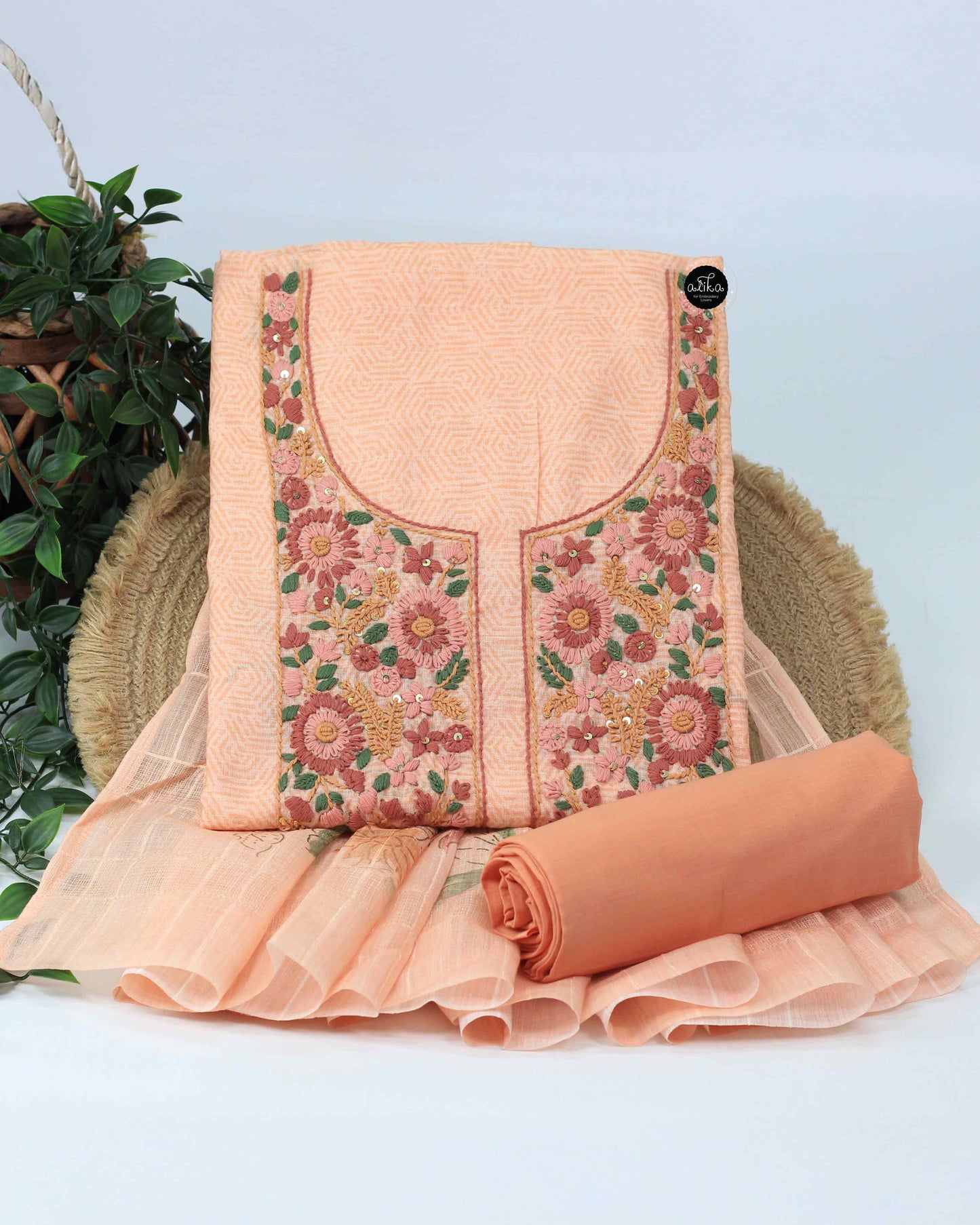 Light Orange Chanderi Cotton Unstitched Salwar Set with Floral Hand Embroidery